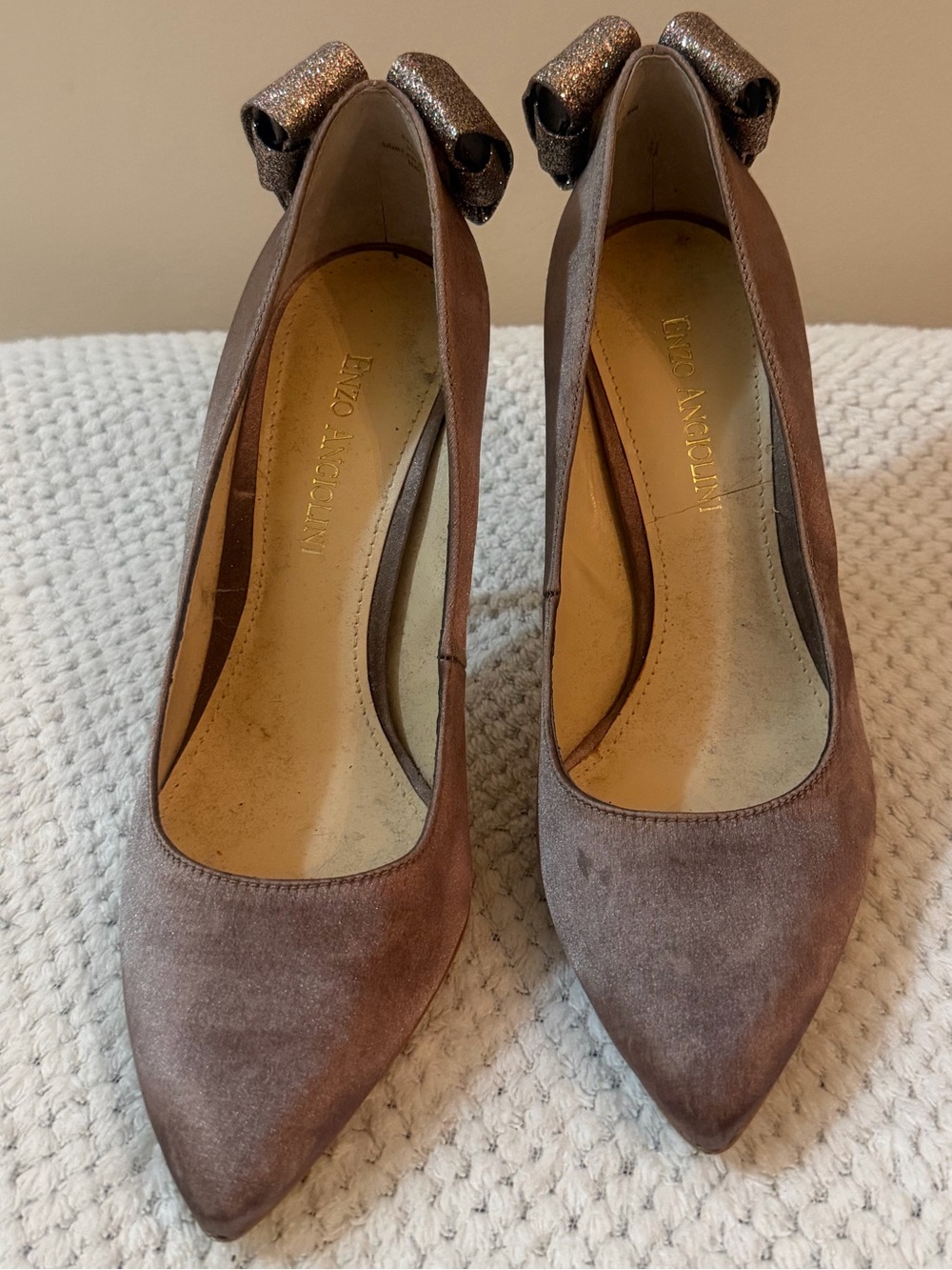 Enzo Angiolini Brown Suede Pointed-Toe Pumps with Glitter Bow
